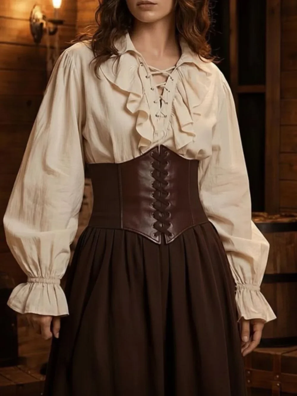 NWT Renaissance Lace Up Corset Belt Wide Elastic Waist Cincher Brown